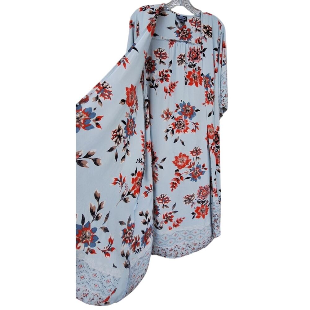 Angie 100% Rayon made in India Floral Kimono Duster Swim cover Light Blue Gray L